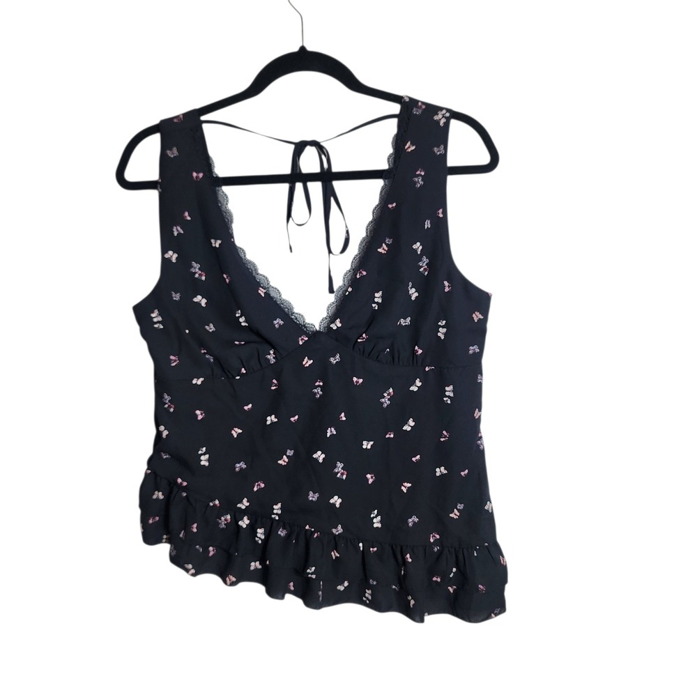 Wild‎ Fable Butterfly Print Lace Trim Ruffle Hem Tie Back Tank Top Black Medium